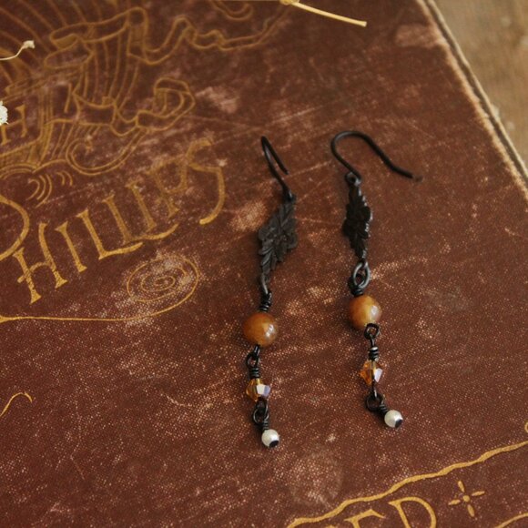 Handmade Women's Earrings, Black Metal with Brown Beads and a Faux Pearl Dangles - Picture 3 of 10